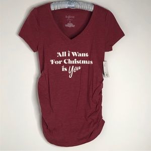 a:glow Essential Ruched V-Neck Tee Maternity XS Red Christmas Graphic Tshirt NWT